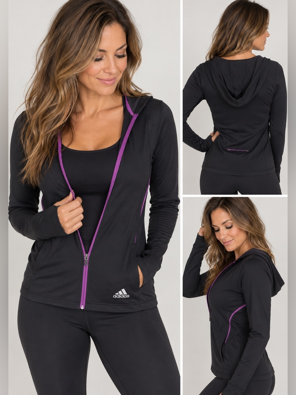 Adidas ClimaCool Black Purple Zip Up Athletic Hoodie Jacket XS